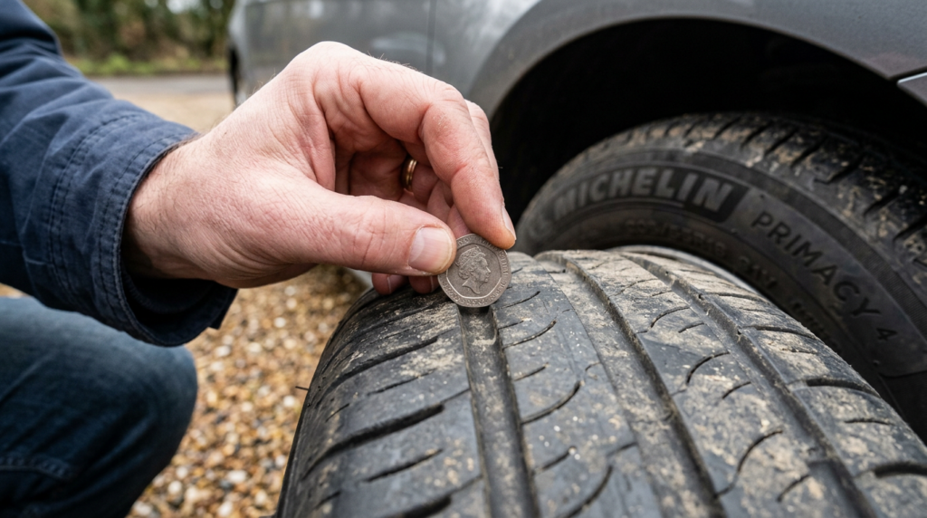 Man tests tyre depth